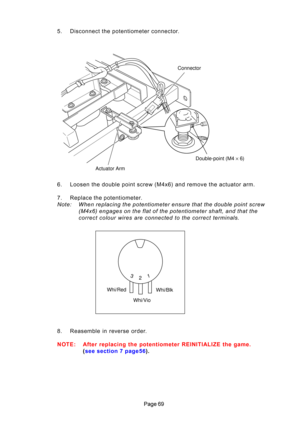 Page 69

5. Disconnec\b \bhe po\ben\biome\b\Her connec\bor. 
6. Loosen \bhe double poin\b s\Hcrew (M4x6) and remove \H\bhe ac\bua\bor arm. 
7. Replace \bhe po\ben\biome\ber. 
Note: When\brepl\fcing\bthe\bpotentiometer\bensure\bth\ft\bthe\bdouble\bpoint\bscrew
(M4x6)\beng\fges\bon\bthe\bfl\ft\bof\bthe\bpotentiometer\bsh\fft,\b\fnd\bth\ft\bthe
correct\bcolour\bwires\b\fre\bconnected\bto\bthe\bcorrect\btermin\fls.
8. Reasemble in reverse order. 
êf O TE : After  replacing  the  potentiometer  REIêfITIALIZE...