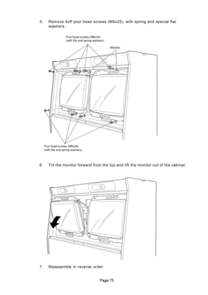 Page 75 5. Remove 4off pozi head screws (M8x25), with spring and special flat
washers.
6. Tilt the monitor forward from the top and lift the monitor out of the cabinet.
7. Reassemble in reverse order.
Pozi head screws (M8x25)
(with flat and spring washers)
Pozi head screws (M8x25)
(with flat and spring washers)Washer 