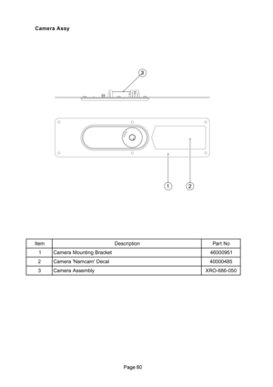 Page 80	
1
3
2
m e t Ino i t p i r c s e DoN t r a P
1te k c a r B g n i t n u o M a r e m a C1 5 9 0 0 0 6 4
2la c e D ' m a c m a N ' a r e m a C5 8 4 0 0 0 0 4
3yl b m e s s A a r e m a C0 5 0 - 6 8 6 - O R X
Camera Assy 