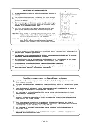 Page 21Page 21
Het spel is voorzien van wieltjes, waardoor het gemakkelijker is om te verplaatsen. Wees voorzichtig als de
machine op een hellend vlak gereden wordt.
Het zwaartepunt van de Header Assembly ligt aan diens voorkant, waardoor het belangrijk is dat minimaal 2
personen de Header Assembly aanbrengen of verwijderen.
De Header Assembly moet op een hoge positie geplaatst worden en het is dus belangrijk dat deze hoogte
veilig kan worden bereikt zonder veel te strekken. (bijv. middels een trap of een...