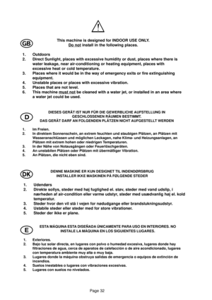 Page 32Page 32
G
DIESES GERÄT IST NUR FÜR DIE GEWERBLICHE AUFSTELLUNG IN
GESCHLOSSENEN RÄUMEN BESTIMMT.
DAS GERÄT DARF AN FOLGENDEN PLÄTZEN NICHT AUFGESTELLT WERDEN
1. Im Freien.
2. In direktem Sonnenschein, an extrem feuchten und staubigen Plätzen, an Plätzen mit
Wasseranschlüssen und möglichen Leckagen, nahe Klima- und Heizungsanlagen, an
Plätzen mit extrem hohen oder niedrigen Temperaturen.
3. In der Nähe von Notausgängen oder Feuerlöschgeräten.
4. An unstabilen Plätzen oder Plätzen mit übermäßiger...