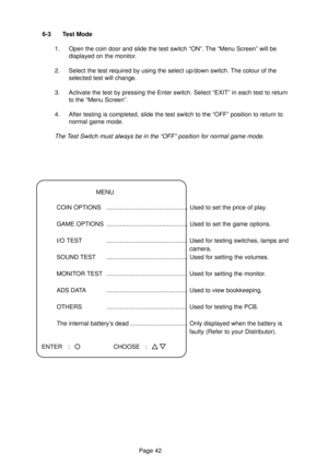 Page 42Page 42 6-3 Test Mode
1. Open the coin door and slide the test switch “ON”. The “Menu Screen” will be
displayed on the monitor.
2. Select the test required by using the select up/down switch. The colour of the
selected test will change.
3. Activate the test by pressing the Enter switch. Select “EXIT” in each test to return
to the “Menu Screen”.
4. After testing is completed, slide the test switch to the “OFF” position to return to
normal game mode.
The Test Switch must always be in the “OFF” position for...