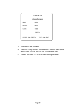 Page 51Page 51
I/F INITIALIZE
Initialize Complete
GAS 0000
BRAKE 0000
BANK 0000
RETRY
ENTER SW : RETRY TEST SW : EXIT
10. Initialization is now completed.
11. If the View Change Button is pressed before a control is at the correct
position press the Enter switch to start the initialization again.
12. Slide the Test switch OFF to return to the normal game mode. 