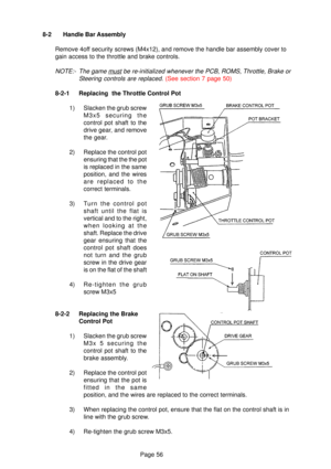 Page 56Page 56
must be re-initialized whenever the PCB, ROMS, Throttle, Brake or 