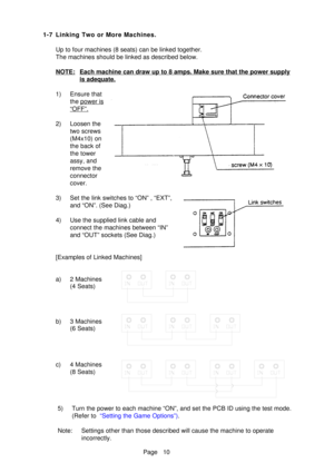 Page 15Page
1-7 Linking Two or More Machines.
Up to four machines (8 seats) can be linked together. 
The machines should be linked as described below.
NOTE:Each machine can draw up to 8 amps. Make sure that the power supply
is adequate.
1) Ensure that the 
power is
“OFF”.
2) Loosen the two screws 
(M4x10) on
the back of
the tower
assy, and
remove the
connector
cover.
3) Set the link switches to “ON” , “EXT”, and “ON”. (See Diag.)
4) Use the supplied link cable and connect the machines between “IN”
and “OUT”...