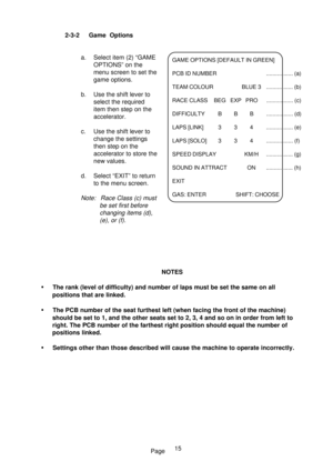 Page 20Page 2-3-2 Game  Options
a. Select item (2) “GAME
OPTIONS” on the
menu screen to set the
game options.
b. Use the shift lever to
select the required
item then step on the
accelerator.
c. Use the shift lever to
change the settings
then step on the
accelerator to store the
new values.
d. Select “EXIT” to return
to the menu screen.
Note:  Race Class (c) must
be set first before
changing items (d),
(e), or (f).
GAME OPTIONS [DEFAULT IN GREEN]
PCB ID NUMBER ................. (a)
TEAM COLOUR BLUE 3...