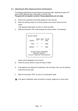 Page 26Page 21 5-5 Adjustments When Replacing Parts (Initialization)
The following adjustments should always be performed after replacing the game PC
board, ROM, Steering Assy, Pedal Assy, or Control Pots.
The game will not operate correctly if these adjustments are not made.
a) Ensure that accelerator and brake pedals are fully returned.
b) Place the steering wheel to its centre position and remove hands from the
wheel
(
The steering wheel does not return to centre by itself.)
c) Slide the test switch ON while...