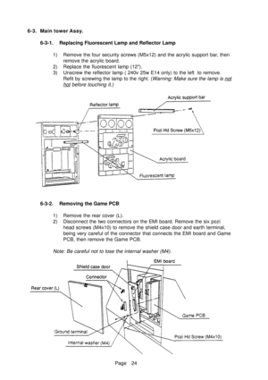 Page 29Page 24 6-3. Main tower Assy.
6-3-1. Replacing Fluorescent Lamp and Reflector Lamp
1) Remove the four security screws (M5x12) and the acrylic support bar, then
remove the acrylic board.
2) Replace the fluorescent lamp (12).
3) Unscrew the reflector lamp ( 240v 25w E14 only) to the left  to remove.
Refit by screwing the lamp to the right. (
Warning: Make sure the lamp is not
hot before touching it.)
6-3-2. Removing the Game PCB
1) Remove the rear cover (L).
2) Disconnect the two connectors on the EMI...
