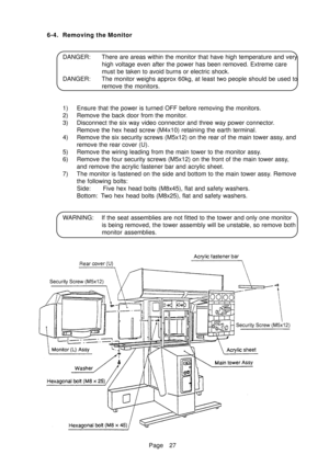 Page 32Page 27 6-4. Removing the Monitor
DANGER: There are areas within the monitor that have high temperature and very
high voltage even after the power has been removed. Extreme care
must be taken to avoid burns or electric shock.
DANGER: The monitor weighs approx 60kg, at least two people should be used to
remove the monitors.
1) Ensure that the power is turned OFF before removing the monitors.
2) Remove the back door from the monitor.
3) Disconnect the six way video connector and three way power connector....