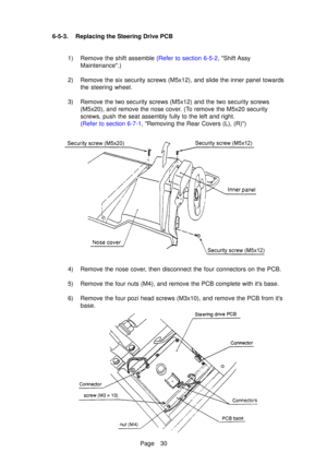 Page 35Page 30
6-5-3. Replacing the Steering Drive PCB
1) Remove the shi ft assemble ( Refer to section 6-5-2 , Shift  Assy
Maintenance.)
2) Remove the six security screws (M5x12), and slide the inner panel towards the steering wheel.
3) Remove the two security screws (M5x12) and the two security screws (M5x20), and remove the nose cover. (To remove the M5x20 security 
screws, push the seat assembly fully to the left and right.
(Refer to section 6-7-1 , Removing the Rear Covers (L), (R))
4) Remove the nose...