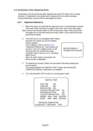 Page 24Page 25
6-4 Initialization After Replacing Parts
Initialization must be performed after replacing the game PC board, Rom \
or Step 
Controls. If initialization is not performed, the game will not function\
 correctly.
During initialization, ensure that the step edges are level.
6-4-1 Adjustment Method (a) 1. When the power is turned ON the step-lock motor is automatically checked\
.The motor check first locks the steps, frees them, then locks them again\
.
Note: Ensure that the test switch is OFF during...