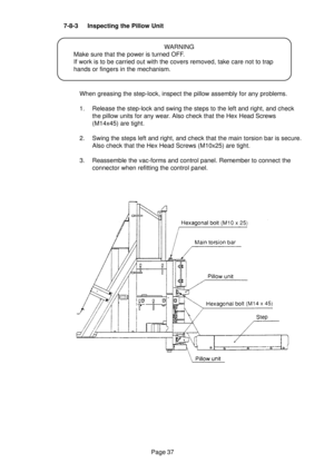 Page 36Page 37 7-8-3 Inspecting the Pillow Unit
WARNING
Make sure that the power is turned OFF.
If work is to be carried out with the covers removed, take care not to trap
hands or fingers in the mechanism.
When greasing the step-lock, inspect the pillow assembly for any problems.
1. Release the step-lock and swing the steps to the left and right, and check
the pillow units for any wear. Also check that the Hex Head Screws
(M14x45) are tight.
2. Swing the steps left and right, and check that the main torsion...