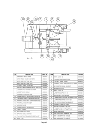 Page 44Page 45
ITEMDESCRIPTIONPART No.
1MAIN MAST METAL WORK45000643
2MAST FRONT COVER VAC-FORM45000644
3MAST SIDE VAC-FORM - LHS45000645
4MAST SIDE VAC-FORM - RHS45000646
5CONTROL PANEL VAC-FORM45000647
6SPEAKER MESH FRONT SUPPORT BRACKET45000648
7LOUDSPEAKER WOODEN CABINET37100081
8LOUDSPEAKER GRILLE45000649
9LOCKING PLATE GUIDE RAIL45000650
10THREAD ROLLED DRIVE SHAFT CS-16V14945000715
11LIMIT MICRO SWITCH MOUNTING BRACKET45000652
12FRONT CLOSING BRKT SUPPORT BRACKET45000653
13FRONT CLOSING BRACKET45000654...