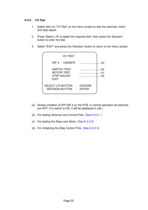 Page 18Page 20
I/O TEST
DIP 4 12345678 ............................ (a) 
SWITCH TEST ............................ (b) 
MOTOR TEST ............................ (c)
STEP ADJUST ............................ (d)
EXIT
SELECT L/R BUTTON : CHOOSE DECISION BUTTON : ENTER
6-3-3 I/O Test
1. Select item (3) I/O Test on the menu screen to test the switches, motorand step adjust.
2. Press Select L/R to select the required item, then press the Decision\
 button to enter the test.
3. Select EXIT and press the Decision button...