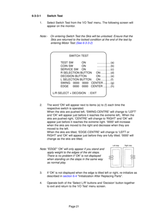Page 19Page 21
6-3-3-1 Switch Test
1. Select Switch Test from the I/O Test menu. The following screen willappear on the monitor.
Note:- On entering Switch T est the Skis will be unlocked. Ensure that the
Skis are returned to the locked condition at the end of the test by entering Motor T est (See 6-3-3-2)
SWITCH TEST
TEST SW ON ................. (a) 
COIN SW ON ................. (b)
SERVICE SW ON ................. (c)
R SELECTION BUTTON ON ............ (d)
DECISION BUTTON ON ............ (e)
L SELECTION BUTTON...
