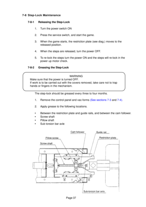 Page 35Page 37
7-8 Step-Lock Maintenance
7-8-1 Releasing the Step-Lock 1. Turn the power switch ON 
2. Press the service switch, and start the game.
3. When the game starts, the restriction plate (see diag.) moves to thereleased position.
4. When the steps are released, turn the power OFF.
5. To re-lock the steps turn the power ON and the steps will re-lock in the power up motor check.
7-8-2 Greasing the Step-Lock
The step-lock should be greased every three to four months.
1. Remove the control panel and...