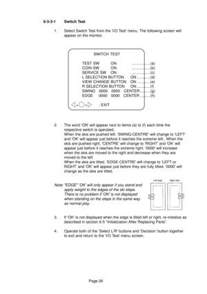 Page 25Page 26 6-3-3-1 Switch Test
1. Select Switch Test from the I/O Test menu. The following screen will
appear on the monitor.
2. The word ON will appear next to items (a) to (f) each time the
respective switch is operated.
When the skis are pushed left, SWING-CENTRE will change to LEFT
and OK will appear just before it reaches the extreme left,. When the
skis are pushed right, CENTRE will change to RIGHT and OK will
appear just before it reaches the extreme right. 0000 will increase
when the skis are moved...