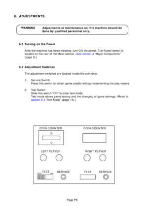 Page 17Page PB
6. ADJUSTMENTS
6-1 Turning on the PowerAfter the machine has been installed, turn ON the power. The Power switch is 
located on the rear of the Main cabinet.  (See section 3 “Major Components”
(page 3).)
6-2 Adjustment Switches The adjustment switches are located inside the coin door. 
1. Service Switch Press this switch to obtain game credits without incrementing the play m\
eters.
2. Test Switch Slide this switch “ON” to enter test mode. 
Test mode allows game testing and the changing of game...