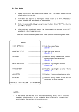 Page 18Page 21
6-3 Test Mode
1. Open the coin door and slide the test switch “ON”. The “Menu Sc\
reen” will be displayed on the monitor.
2. Select the test required by moving the control handle up or down. The co\
lour of the selected test will change to red and blink.
3. Enter the selected test by pressing the start button. Select “EXIT”\
 to return to the “Menu Screen”
4. After testing is completed, ensure that the test switch is returned to t\
he “OFF” position to return to game mode.
The T est Switch must...