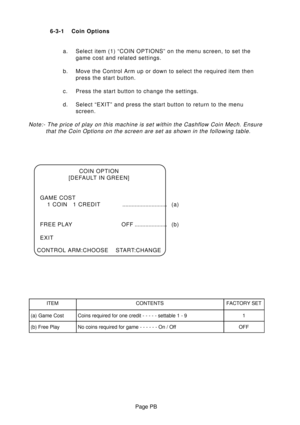 Page 19Page PB 6-3-1 Coin Options
a. Select item (1) “COIN OPTIONS” on the menu screen, to set the
game cost and related settings.
b. Move the Control Arm up or down to select the required item then
press the start button.
c. Press the start button to change the settings.
d. Select “EXIT” and press the start button to return to the menu
screen.
Note:- The price of play on this machine is set within the Cashflow Coin Mech. Ensure
that the Coin Options on the screen are set as shown in the following table.
COIN...