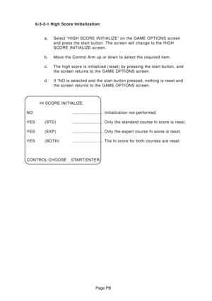 Page 21Page PB 6-3-2-1 High Score Initialization
a. Select “HIGH SCORE INITIALIZE” on the GAME OPTIONS screen
and press the start button. The screen will change to the HIGH
SCORE INITIALIZE screen.
b. Move the Control Arm up or down to select the required item.
c. The high score is initialized (reset) by pressing the start button, and
the screen returns to the GAME OPTIONS screen.
d. If “NO is selected and the start button pressed, nothing is reset and
the screen returns to the GAME OPTIONS screen.
HI SCORE...