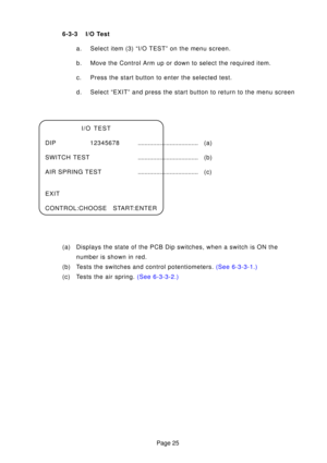 Page 22Page 25
6-3-3 I/O Test
a. Select item (3) “I/O TEST” on the menu screen. 
b. Move the Control Arm up or down to select the required item.
c. Press the start button to enter the selected test.
d. Select “EXIT” and press the start button to return to the menu scr\
een
I/O TEST
DIP 12345678 .................................... (a)
SWITCH TEST .................................... (b)
AIR SPRING TEST .................................... ( c )
EXIT
CONTROL:CHOOSE START:ENTER
(a) Displays the state of the PCB...