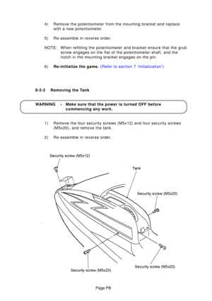 Page 31Page PB
4) Remove the potentiometer from the mounting bracket and replace
with a new potentiometer.
5) Re-assemble in reverse order. 
NOTE: When refitting the potentiometer and bracket ensure that the grub screw engages on the flat of the potentiometer shaft, and the 
notch in the mounting bracket engages on the pin.
6) Re-initialize the game.  (Refer to section 7 ‘Initialization’)
8-2-2 Removing the Tank 
WARNING • Make sure that the power is turned OFF before commencing any work.
1) Remove the four...