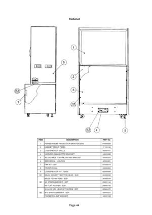 Page 41Page 44
ITEMDESCRIPTIONPART No
1PIONEER REAR PROJECTION MONITOR 230v84000028
2CABINET FRONT PANEL37100106
3LOUDSPEAKER GRILLE45000701
4HARNESS CONNECTOR BRACKET46000082
5ADJUSTABLE FOOT MOUNTING BRACKET45000204
6SIDE DECAL - LHS/RHS40000381
7FAN 4½ 230v67000015
8FRONT DECAL40000383
9LOUDSPEAKER 6½ - BASS62000068
B1M5x30 SECURITY BUTTON HEAD - SUS26300036
B2
M5x25 PZ PAN HEAD - BZP26300049
M5 SPRING WASHER - BZP28000144
M5 FLAT WASHER - BZP28000145
B3
M10x130 HEX HEAD SET SCREW - BZP26500475
M10 SPRING...