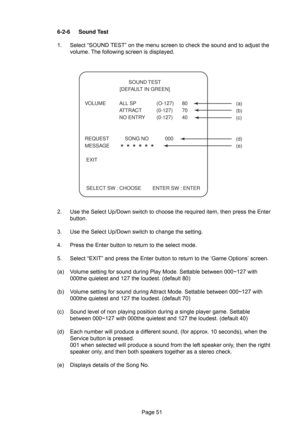 Page 51Page 51 6-2-6 Sound Test
1. Select “SOUND TEST” on the menu screen to check the sound and to adjust the
volume. The following screen is displayed.
2. Use the Select Up/Down switch to choose the required item, then press the Enter
button.
3. Use the Select Up/Down switch to change the setting.
4. Press the Enter button to return to the select mode.
5. Select “EXIT” and press the Enter button to return to the ‘Game Options’ screen.
(a) Volume setting for sound during Play Mode. Settable between 000~127...