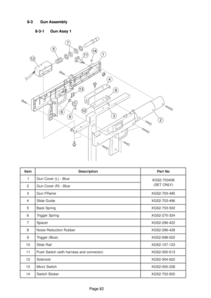 Page 82Page 82 8-3 Gun Assembly
8-3-1 Gun Assy 1
m e t Ino i t p i r c s e DoN t r a P
1eu l B - ) L ( r e v o C n u G
8 0 4 3 0 7 - 2 S G X
) Y L N O T E S (
2eu l B - ) R ( r e v o C n u G
3em a R F n u G5 9 4 - 3 0 7 - 2 S G X
4ed i u G e d i l S6 9 4 - 3 0 7 - 2 S G X
5gn i r p S k c a B2 0 5 - 3 0 7 - 2 S G X
6gn i r p S r e g g i r T4 2 3 - 0 7 2 - 2 S G X
7re c a p S2 2 4 - 6 9 2 - 2 S G X
8re b b u R n o i t c u d e R e s i o N8 2 4 - 6 9 2 - 2 S G X
9)e u l B ( r e g g i r T2 2 0 - 8 9 6 - 2 S G X
0...