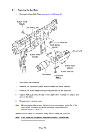 Page 72\f
Button head(M4x6)
Gun Side (Left)
Connector
Grub Screw (M4x6)
Button head (M3x5)
Button head(M3x5)
Cap \bcrew (M4x6)
Gun Motor
Earth TerminalRecoil unit
B77 +$#*
%%&
\b 01 4 3 25 24 C ;23 %/
 <  %)D\b
\b !2;33;4;33;\b 
.\b 01FF;3FF@;9C6%DG01.FF@345;9C.6D35 014\b
%\b 0@72315\b
 ;\f	 		\f	\f	 	
		\f		...