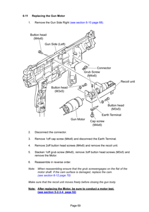 Page 69
	
Button head(M4x6)
Gun Side (Left)
Connector
Grub Screw (M4x6)
Button head (M3x5)
Button head(M3x5)
Cap screw (M4x6)
Gun Motor
\farth TerminalRecoil unit
A88 +$#*
%%&
\b @( &  # @& 2 9 

   
3\b
\b %99&99\b 
\b @(>>99)2!/
3##99&:& -\b
\b @(>>1&#9)2!/
3#(&9-\b
\b -95>>19)2!/
3?(>>1&#9)2!/3#...