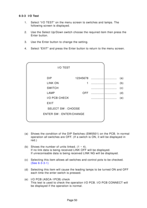 Page 49Page 50
6-3-3 I/O Test
1. Select “I/O TEST” on the menu screen to switches and lamps. The following screen is displayed.
2. Use the Select Up/Down switch choose the required item then press the Enter button.
3. Use the Enter button to change the setting. 
4. Select “EXIT” and press the Enter button to return to the menu scr\
een.
I/O TEST
DIP 12345678 .................................. (a)
LINK ON 1 .................................. (b)
SWITCH .................................. ( c )
LAMP OFF...