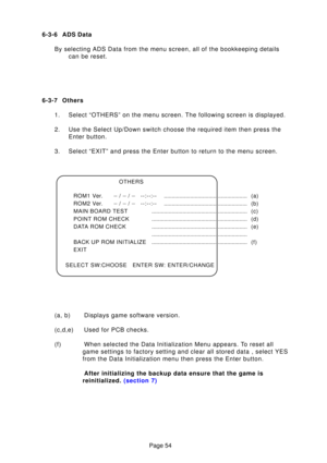 Page 53Page 54
6-3-7 Others
1. Select “OTHERS” on the menu screen. The following screen is displa\
yed. 
2. Use the Select Up/Down switch choose the required item then press the Enter button.
3. Select “EXIT” and press the Enter button to return to the menu scr\
een.
6-3-6 ADS Data
By selecting ADS Data from the menu screen, all of the bookkeeping detai\
ls can be reset.
OTHERS
ROM1 Ver. _
 /  _
 /  _
--:--:-- ...................................................... (a)
ROM2 Ver. _
 /  _
 /  _
--:--:--...