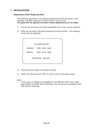 Page 54Page 55
7. INITIALIZATION
Adjustments When Replacing Parts
The following adjustment must always be performed when the game is first
installed, and after replacing the Game PCB or Control Pots.
The game will not operate correctly if these adjustments are not made.
1) Ensure that the Horse and Head assemblies are in their central positions.
2) Slide the test switch ON while pressing the service switch. The following
screen will be displayed.
VOLUME ADJUST
HANDLE 7A00 7A00 0000
SWING9100 9100 0000
ENTER SW...