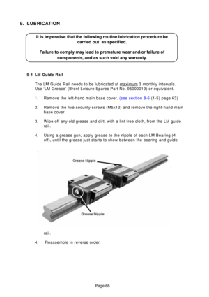 Page 67Page 68
9. LUBRICATION
It is imperative that the following routine lubrication procedure becarried out  as specified.
Failure to comply may lead to premature wear and/or failure of components, and as such void any warranty.
9-1 LM Guide Rail
The LM Guide Rail needs to be lubricated at 
maximum 3 monthly intervals.
Use ‘LM Grease’ (Brent Leisure Spares Part No. 95000019) or equi\
valent. 
1 . Remove the left-hand main base cove r.  (see section 8-6  (1-5) page 63)
2. Remove the five security screws...