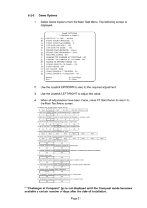 Page 21Page 21 6-2-6 Game Options
1. Select Game Options from the Main Test Menu. The following screen is
displayed.
2. Use the Joystick UP/DOWN to step to the required adjustment.
3. Use the Joystick LEFT/RIGHT to adjust the value.
4. When all adjustments have been made, press P1 Start Button to return to
the Main Test Menu screen.
* “Challenger at Conquest” (p) is not displayed until the Conquest mode becomes
available a certain number of days after the date of installation.
(a)
(b)
(c)
(d)
(e)
(f)
(g)
(h)...