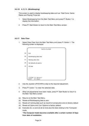 Page 24Page 24 6-2-11Data Clear
1. Select Data Clear from the Main Test Menu and press P1 Button 1. The
following screen is displayed.
2. Use the Joystick UP/DOWN to step to the required adjustment.
3. Press P1 button 1 to clear the selected data.
4. When all adjustments have been made, press P1 Start Button to return to
the Main Test Menu screen
(a) Returns to the Main Test Menu.
(b) Resets all Bookkeeping data to zero
(c) Resets all ranking data such as record of consecutive wins to factory default
(d) Resets...