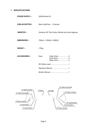 Page 5Page 5
1. SPECIFICATIONS
POWER SUPPLY :- 220/240volts AC
COIN ACCEPTOR:- Mars CashFlow - 1 Channel
 MONITOR :- Hantarex 28 Polo Colour Monitor with auto degauss.
DIMENSIONS :- 790(w) x 1200(d) x 2080(h)
WEIGHT :- 175kg.
ACCESSORIES :- Keys: (Cash Door) ..................... 2
(Coin Door) ...................... 2 
(Back Door) ..................... 2
IEC Mains Lead ...................................... 1 
Operators Manual ................................... 1
Monitor Manual...