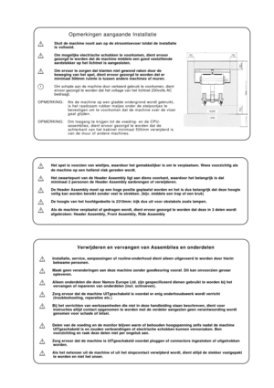 Page 21Het spel is voorzien van wieltjes, waardoor het gemakkelijker is om te verplaatsen. Wees voorzichtig als
de machine op een hellend vlak gereden wordt.
Het zwaartepunt van de Header Assembly ligt aan diens voorkant, waardoor het belangrijk is dat
minimaal 2 personen de Header Assembly aanbrengen of verwijderen.
De Header Assembly moet op een hoge positie geplaatst worden en het is dus belangrijk dat deze hoogte
veilig kan worden bereikt zonder veel te strekken. (bijv. middels een trap of een kruk)
De...
