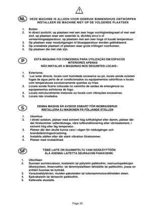 Page 35Page 35
P
l S
 DEZE MACHINE IS ALLEEN VOOR GEBRUIK BINNENSHUIS ONTWORPEN
 INSTALLEER DE MACHINE NIET OP DE VOLGENDE PLAATSEN
1. Buiten
2. In direct zonlicht, op plaatsen met een zeer hoge vochtigheidsgraad of met veel
stof, op plaatsen waar een waterlek is, dichtbij airco’s of
verwarmingsapparatuur, op plaatsen met een zeer hoge of koude temperatuur.
3. Op plaatsen waar nooduitgangen of blusapparatuur worden geblokkeerd.
4. Op onstabiele plaatsen of plaatsen waar grote trillingen voorkomen.
5. Op...