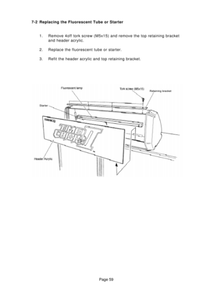 Page 59Page 59 7-2 Replacing the Fluorescent Tube or Starter
1. Remove 4off tork screw (M5x15) and remove the top retaining bracket
and header acrylic.
2. Replace the fluorescent tube or starter.
3. Refit the header acrylic and top retaining bracket. 