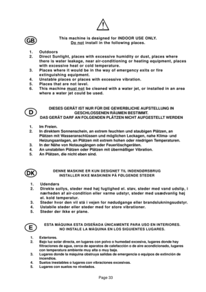 Page 33Page 33
G
DIESES GERÄT IST NUR FÜR DIE GEWERBLICHE AUFSTELLUNG IN
GESCHLOSSENEN RÄUMEN BESTIMMT.
DAS GERÄT DARF AN FOLGENDEN PLÄTZEN NICHT AUFGESTELLT WERDEN
1. Im Freien.
2. In direktem Sonnenschein, an extrem feuchten und staubigen Plätzen, an
Plätzen mit Wasseranschlüssen und möglichen Leckagen, nahe Klima- und
Heizungsanlagen, an Plätzen mit extrem hohen oder niedrigen Temperaturen.
3. In der Nähe von Notausgängen oder Feuerlöschgeräten.
4. An unstabilen Plätzen oder Plätzen mit übermäßiger...