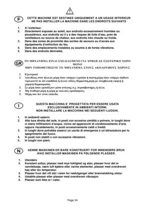 Page 34Page 34
F
K
I
N
DENNE MASKINEN ER BARE KONSTRUERT FOR INNENDØRS BRUK
IKKE INSTALLER MASKINEN PÅ FØLGENDE PLASSER.
1. Utendørs
2. Konstant sollys, plasser med mye fuktighet og støv, plasser hvor det er
vannlekasje, nære luft kjølere eller varme elementer, plasser med overdreven
høy eller lav temperatur.
3. Plasser hvor det vill stå i veien for nødutganger eller brannslukking utstyr.
4. Ustabile plasser eller plasser med overdreven vibrasjon.
5. Plasser som ikke er i vater.CETTE MACHINE EST DESTINEE...