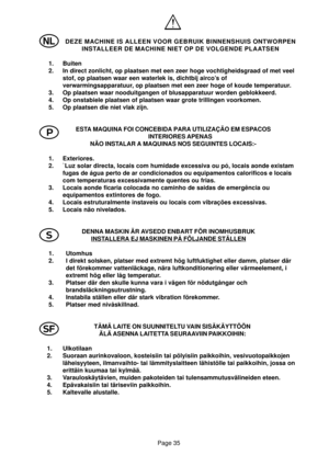 Page 35Page 35
P
l S
 DEZE MACHINE IS ALLEEN VOOR GEBRUIK BINNENSHUIS ONTWORPEN
 INSTALLEER DE MACHINE NIET OP DE VOLGENDE PLAATSEN
1. Buiten
2. In direct zonlicht, op plaatsen met een zeer hoge vochtigheidsgraad of met veel
stof, op plaatsen waar een waterlek is, dichtbij airco’s of
verwarmingsapparatuur, op plaatsen met een zeer hoge of koude temperatuur.
3. Op plaatsen waar nooduitgangen of blusapparatuur worden geblokkeerd.
4. Op onstabiele plaatsen of plaatsen waar grote trillingen voorkomen.
5. Op...