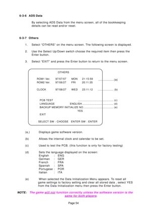 Page 54Page 54
6-3-6 ADS Data
By selecting ADS Data from the menu screen, all of the bookkeeping 
details can be read and/or reset.
6-3-7 Others 1. Select “OTHERS” on the menu screen. The following screen is displa\
yed. 
2. Use the Select Up/Down switch choose the required item then press the Enter button.
3. Select “EXIT” and press the Enter button to return to the menu scr\
een. 
(a,) Displays game software version. 
(b) Allows the internal clock and calendar to be set.
(c) Used to test the PCB. (this...