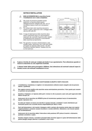 Page 11NOTES D’INSTALLATION
NON ACCENDERE MAI la macchina finchè
l’installazione non è stata completata.
Allo scopo di prevenire possibili scosse
elettriche, la macchina deve essere
obbligatoriamente collegata alla rete  con un
connettore messo a terra con connessioni
sicure.
Per evitare danni alla macchina durante la
messa in opera, assicurarsi che il voltaggio della
rete sia 230 volts AC.
Note: Il luogo di destinazione della macchina deve
avere il pavimento liscio e si raccomanda di
sistemare dei cuscinetti...
