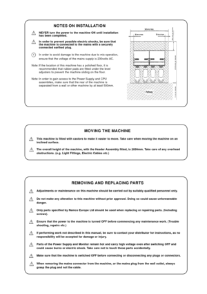Page 5NOTES ON INSTALLATION
NEVER turn the power to the machine ON until installation
has been completed.
In order to prevent possible electric shocks, be sure that
the machine is connected to the mains with a securely
connected earthed plug.
In order to avoid damage to the machine due to mis-operation,
ensure that the voltage of the mains supply is 230volts AC.
Note: If the location of this machine has a polished floor, it is
recommended that rubber pads are fitted under the level
adjusters to prevent the...