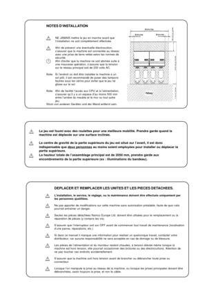 Page 9NOTES D’INSTALLATION
NE JAMAIS mettre le jeu en marche avant que
l’installation ne soit complétement effectuée.
Afin de prévenir une éventuelle électrocution,
s’assurer que la machine est connectée au réseau
avec une prise de terre reliée selon les normes de
sécurité.
Afin d’éviter que la machine ne soit abimée suite à
une mauvaise opération, s’assurer que la tension
sur le réseau principal soit de 230 volts AC.
Note: Si l’endroit où doit être installée la machine à un
sol pôli, il est recommandé de...