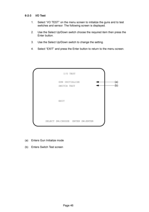 Page 4630 ?-. N 
 $G-+%	




A	

	
	




2 >	>G9
			



	
	
+

 >	>G9
			

3 $+)%
	+


	

GUN INITIALIZE
SWITCH TEST
EXITI/O TEST(a)
(b)
SELECT SW:CHOOSE  ENTER SW:ENTER
/5 +
,


A
/5 +

	
 